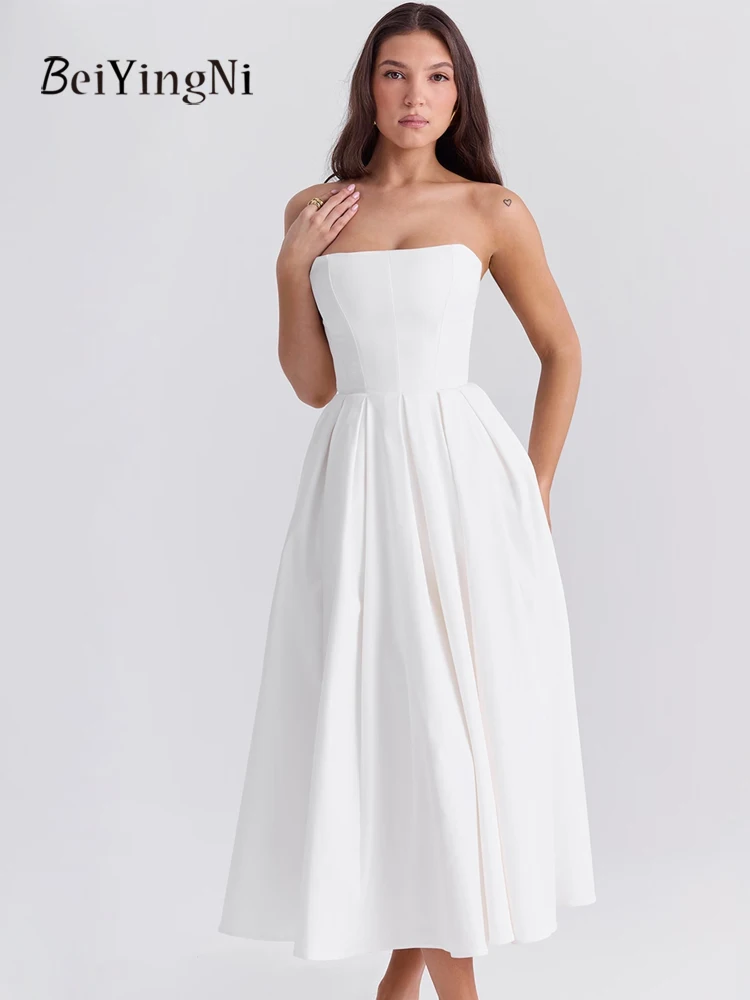Beiyingni White Corset Dress Women Elegant French Backless Slim Fit A-line Long Dresses Casual Blue Midi Prom Night Club Dress