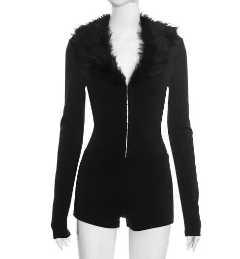 

Jumpsuit Women 2025 Spring New Deep V-Neck Imitation Fur Collar Splicing Solid Color Long Sleeved Casual Slim Fit Zipper Romper