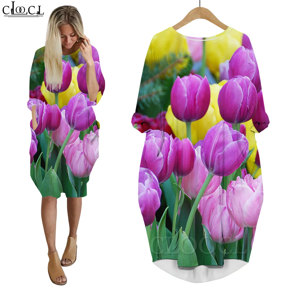 

CLOOCL Tulips Dresses for Women Spring Summer Charming Flowers 3D Printing Loose Dress Long Sleeve Robe Beauty Dress Gifts