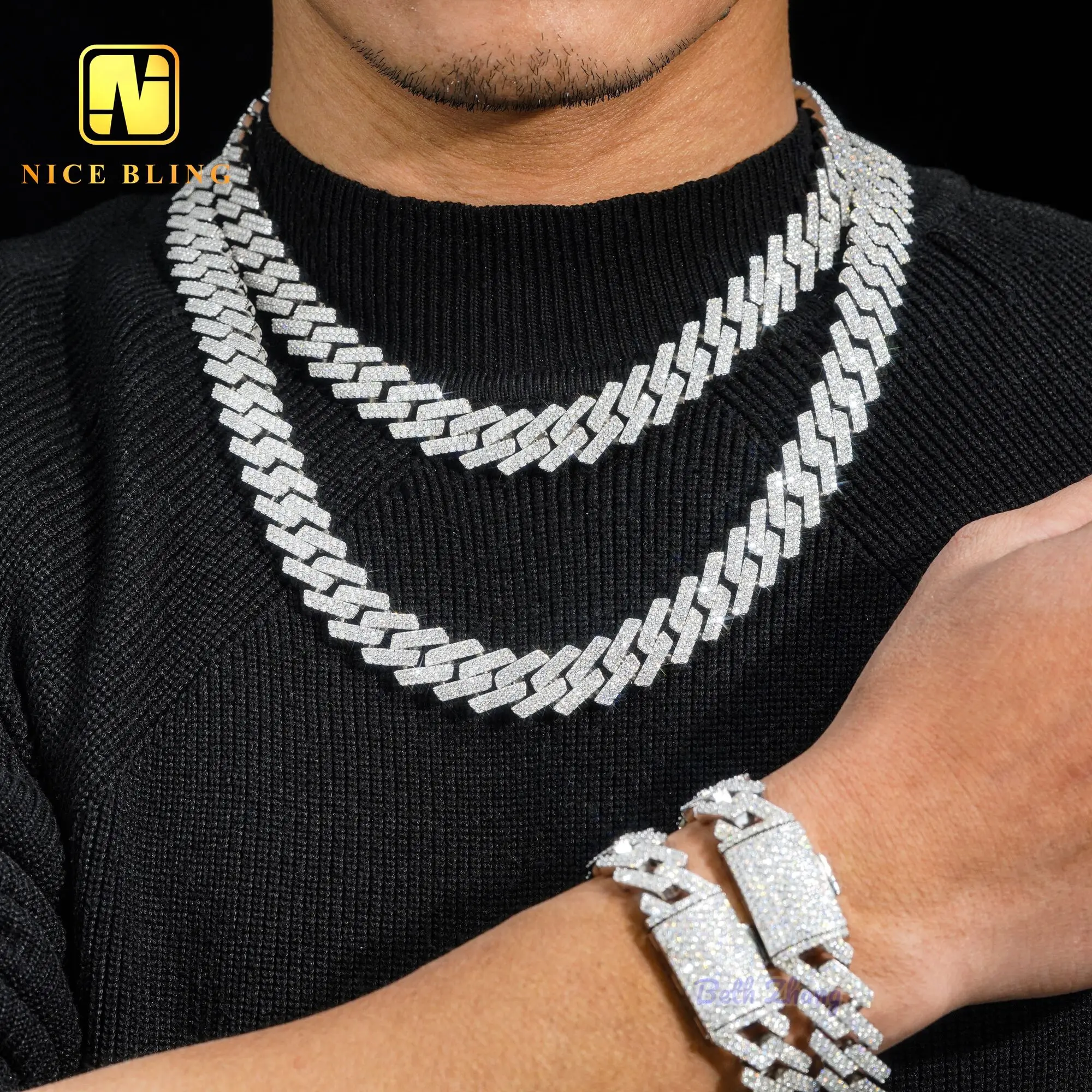 Prong Setting Miami Cuban Link Iced Out Moissanite Diamond Cuban Chains Hiphop 15mm Men Fashion Silver Necklace and Bracelet