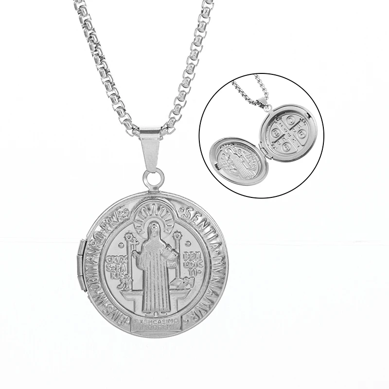 Christian Saint Benedict Stainless Steel Photo Frame Medal Pendant Necklace for Men Catholic Roman Patron Saint Jewelry