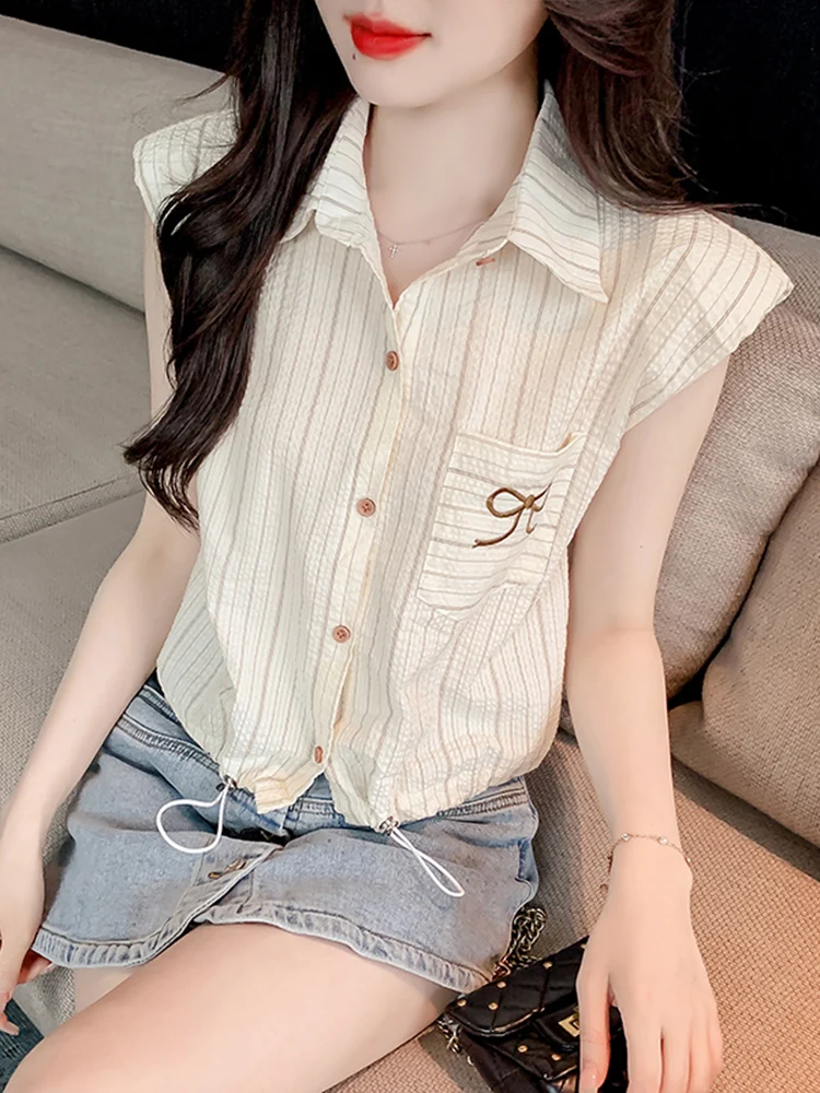 

Faionable Striped Ne ort Sve irt Women's Summer 2026 New Sle Versatile Dstring Ladies' Blouse Top