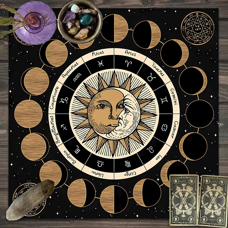 VIKAMA Zodiac & Sun Moon Phase Tarot Tablecloth, 6 Designs, Square Velvet Altar Cloth for Divination