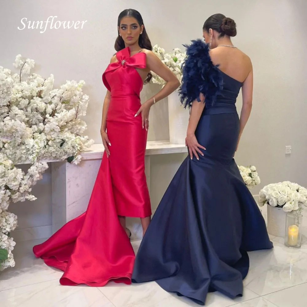 

Sunflower sexy One-Shoulder Spaghetti Strap Mermaid Satin Evening Dress 2023 Slim BacklessTea-Length High-end Custom Gowns