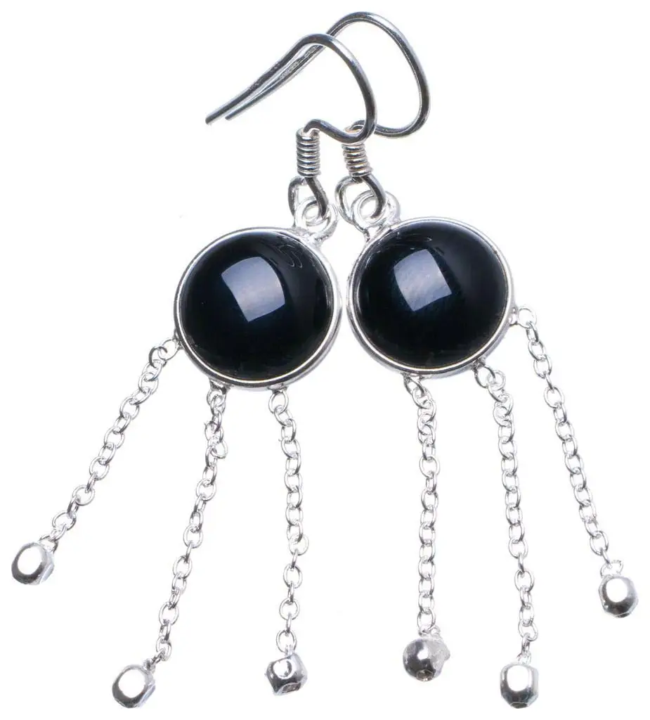 StarGems® Natural Black Onyx Handmade Unique Tassel Shape 925 Sterling Silver Earrings 2