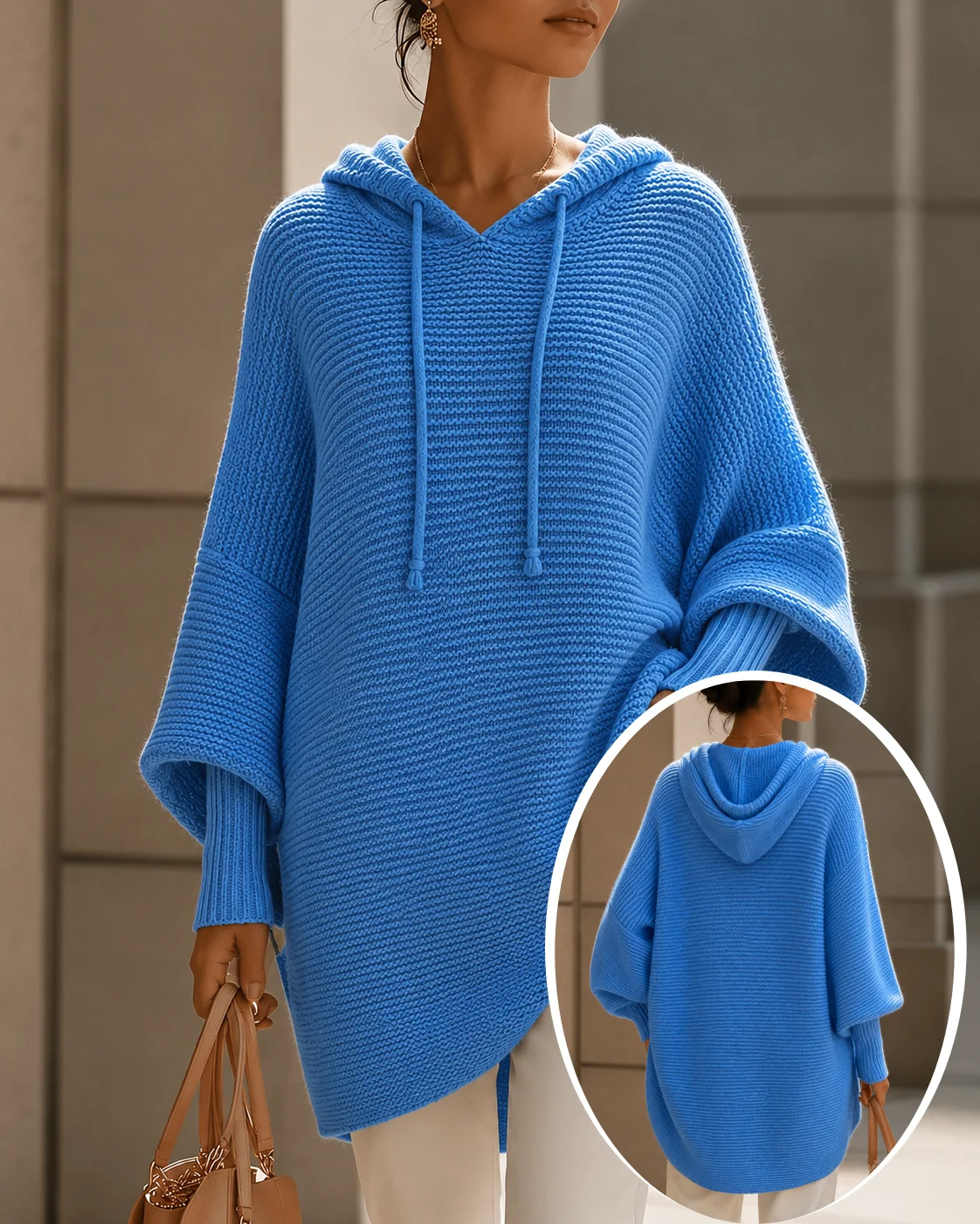 Plus Size Women Hooded Drawstring Knit Sweater, Batwing Sleeve Loose Mid‑Length Lazy Style Pullover Autumn Winter