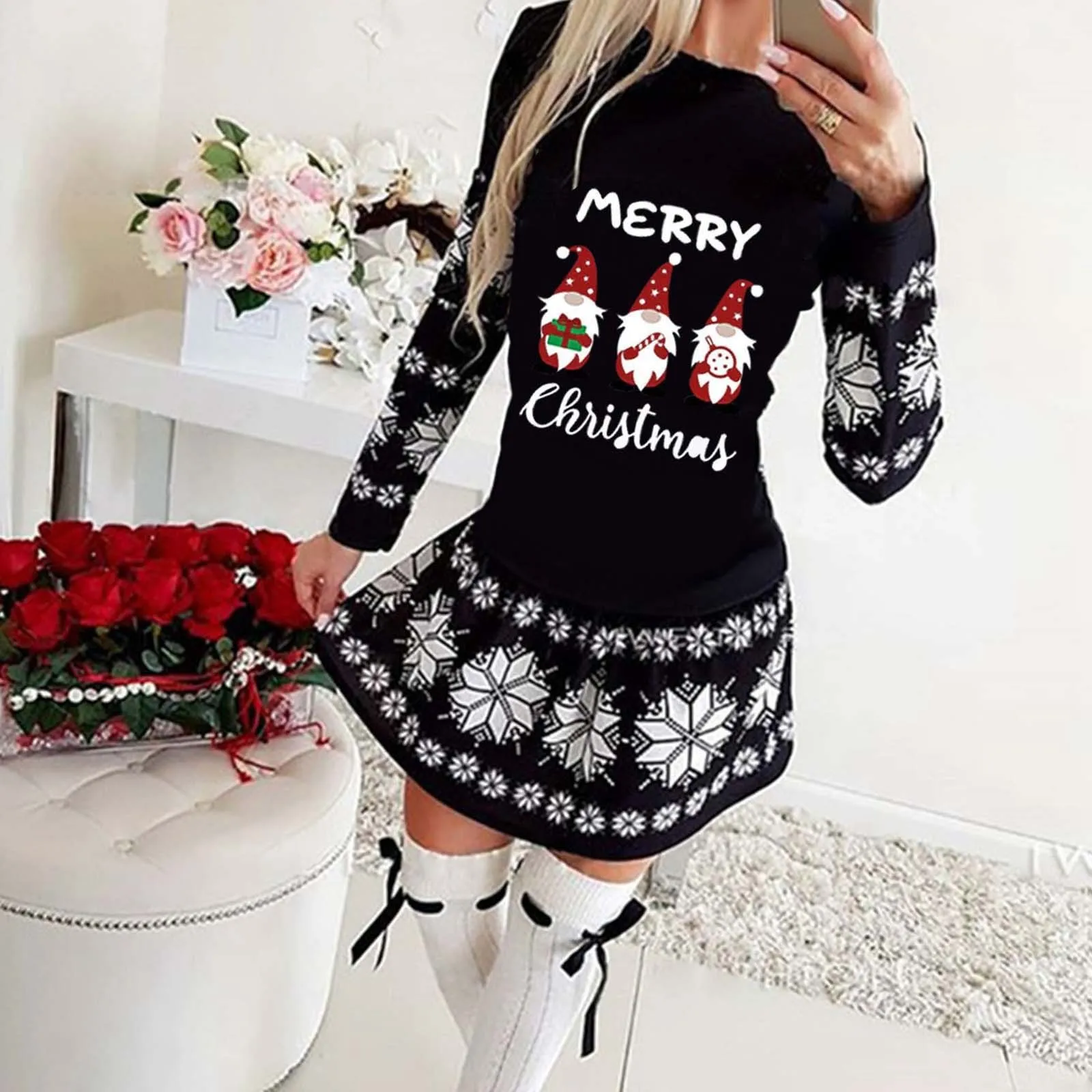 

Women Christmas Dress Santa Claus Snowflake Print Long Sleeve Slim Party Dresses Ladies Red Xmas Costume New Year Cloth Vestidos