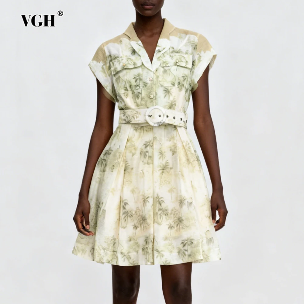 เดรสพิมพ์ลาย VGH น่ารัก สไตล์สดใส ช่วยพรางหุ่น สำหรับผู้หญิง คอวี แขนสั้น เอวสูง แต่งเข็มขัด ดีไซน์ต่อผ้า สไตล์หรูหรา สำหรับฤดูใบไม้ผลิ รุ่นใหม่