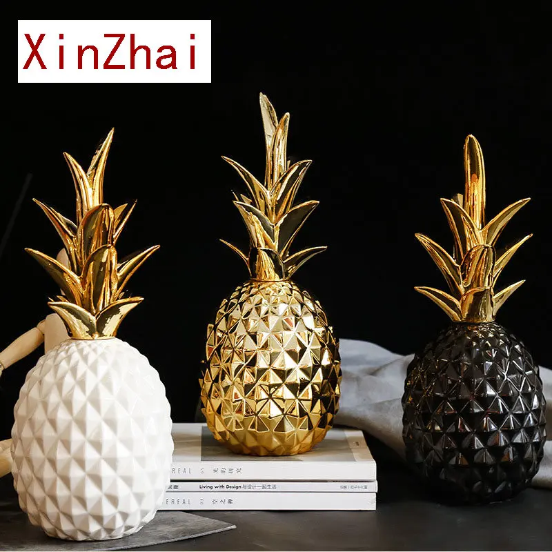 Nordic Light Luxury Ceramic Pineapple Gold Figurines Modern Fruit Statue Decoration Accessories Living Room Interior House Decor