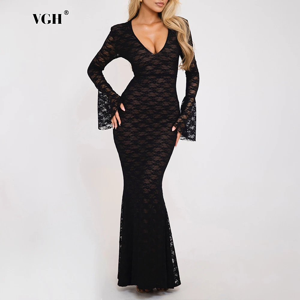 VGH Sexy Embroidery Long Dress For Women V Neck Spliced Sheer Lace Flare Sleeve High Waist Solid Banquet Dresses Female Autumn