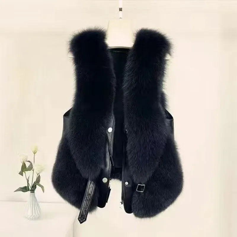 Faux Fur Waistcoat for Womens, Chic Splice Fox Coat Ladies Sleeveless Fur Vest Jacket, Slim Faux Fox Fur Outwear Vests, New,2024
