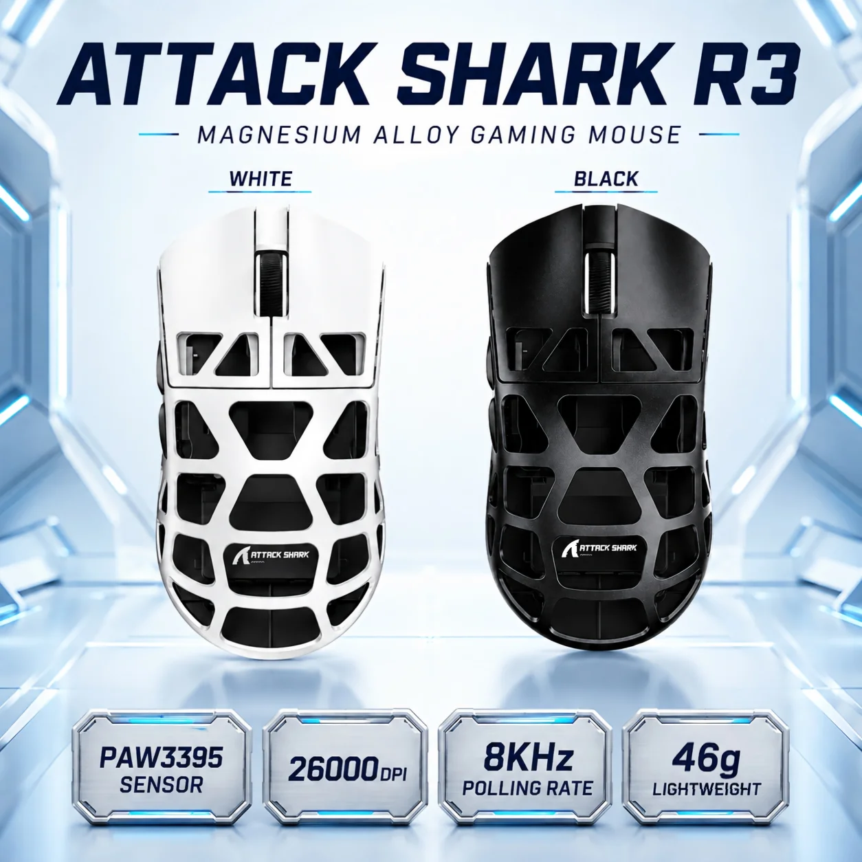 ATTACK SHARK R3 Wireless Gaming Mouse, Tri-Mode, PAW3395, Up to 8000 Hz for PC Laptop Gaming and Office Use Ergonomic Design