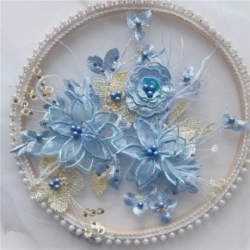 5 Color Feather Lace Applique Embroidery Floral Trim DIY Sewing Craft 22cm
