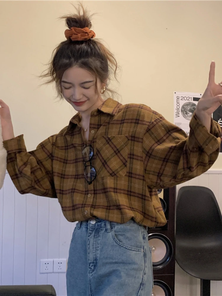 Vintage Plaid Shirts Women Loose Causal Preppy All-match Couples Spring Autumn Outwear Designed Students Aesthetic Clothing Tops