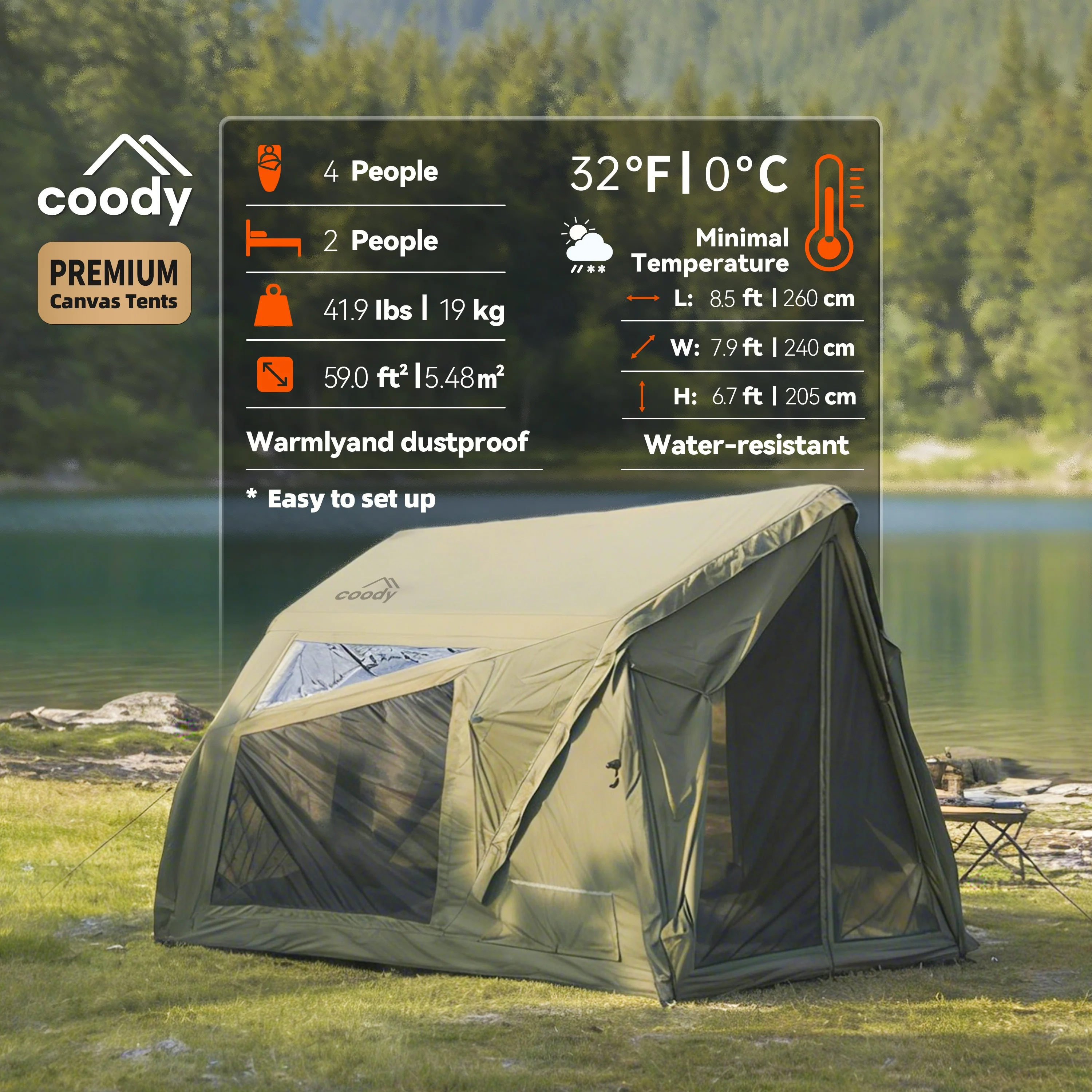 Yustona Air Tent-Army Green Cotton Fabric Camping 2-4 Person Camping Canvas Tent Outdoor 4 Season Inflatable Tent