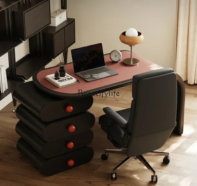 

Italian minimalist telescopic solid wood rotating leather desk and chair