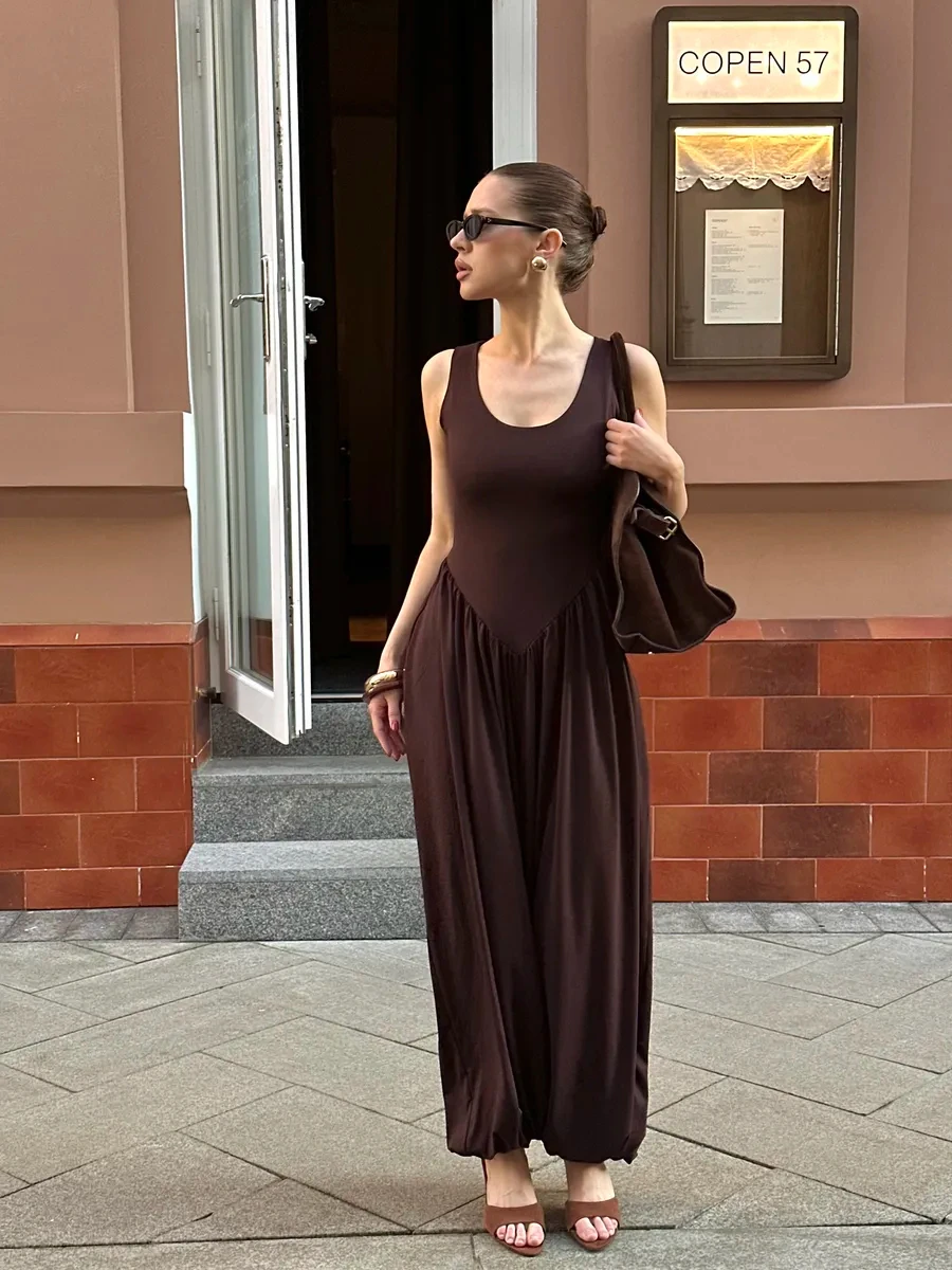 

KT Women's Casual Sleeveless Balloon Jumpsuit, U-Neck Waisted Design with Gathered Elastic Cuff Harem Pants