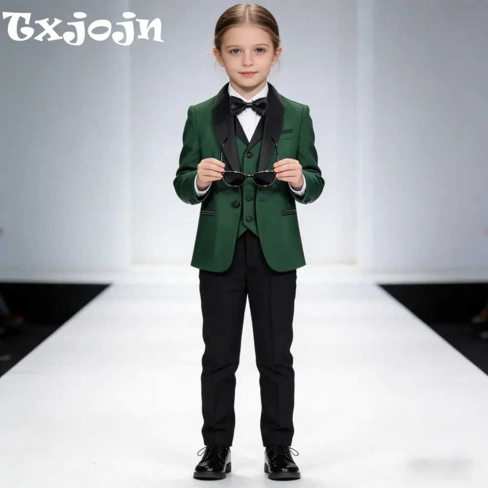 Girls Green Slim Fit Suits 4 Pieces School Performance Wear Shawl Lapel Kids Suit Set For Stage Performance Elegant Tuxedo 3-14T