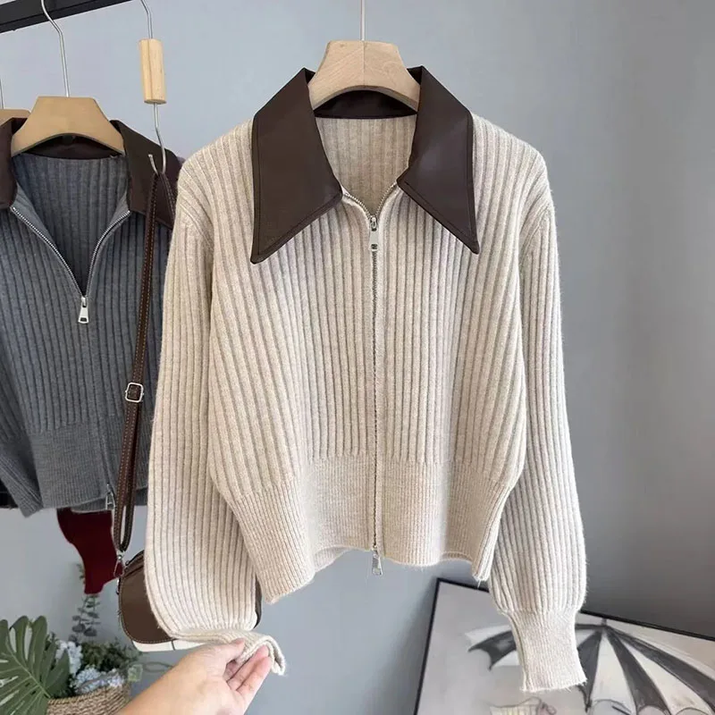 

Осенний женский свитер, кардиган, женский свитер, пальто, элегантный модный повседневный вязаный свитер с кожаным воротником, женское пальто