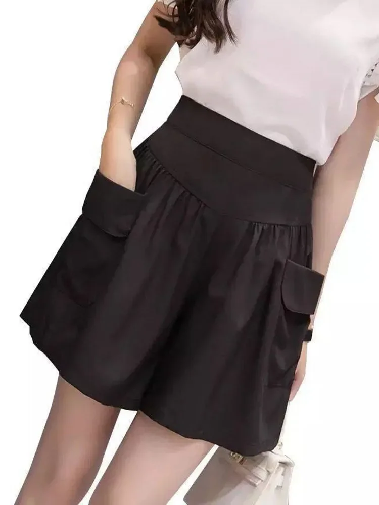 Summer Shorts Women Casual Pleated High Waist Pockets Wide Leg Thin Elastic All-Match Loose Soft Cotton Exercise Folds