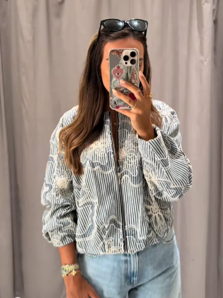 Spring and Autumn Design Sense Niche Floral Style Long Sleeved Blue Striped Embroidered Shirt for Women