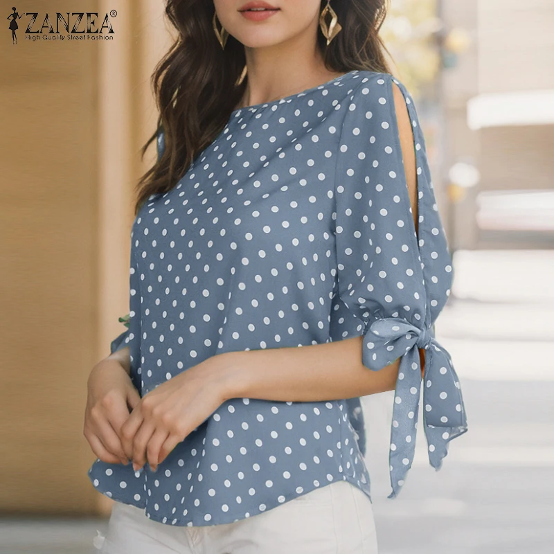 ZANZEA Women Fashion Polka Dot Blouses O-Neck Tied Slit Cuffls Half Sleeve Elegant Tops Summer Casual Daily Wear Blusas Mujer