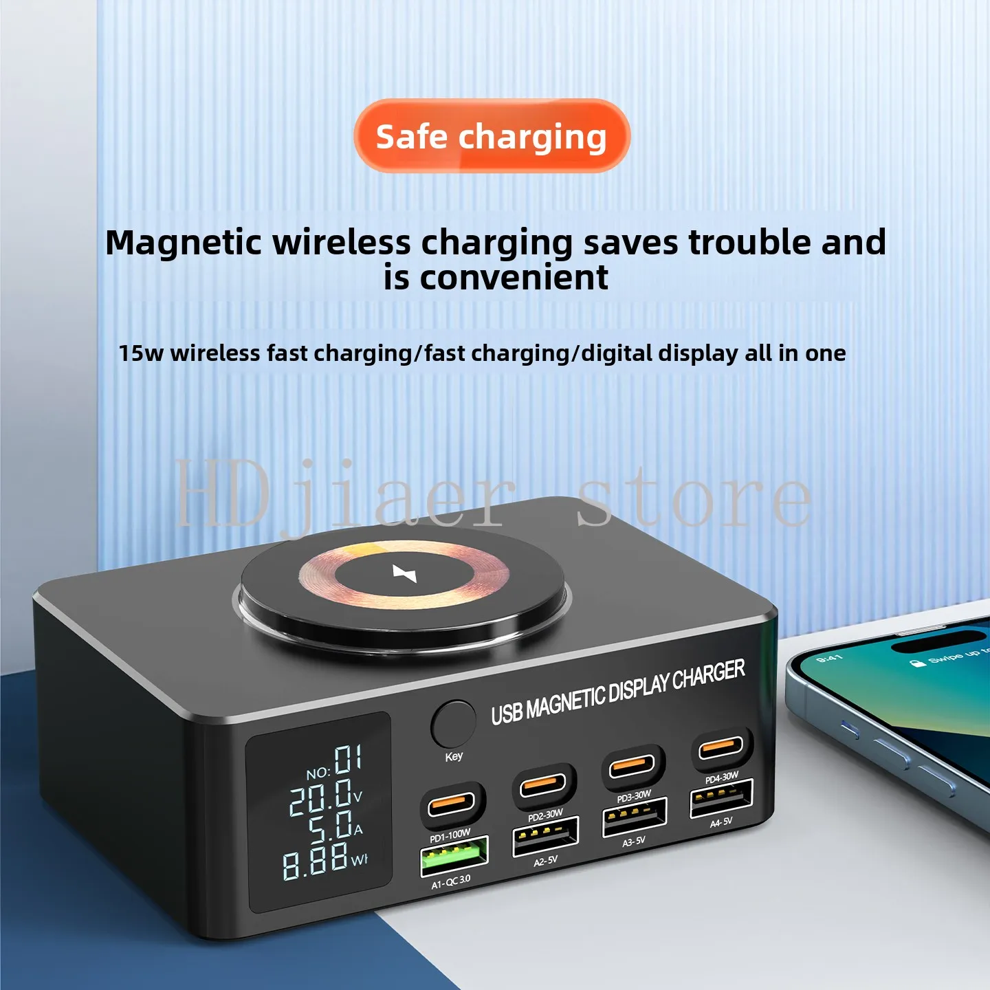 

140W GaN Desktop Charging Station - PD100W Fast Charging Multi-Port USB/Type-C Charger with Smart Digital Display
