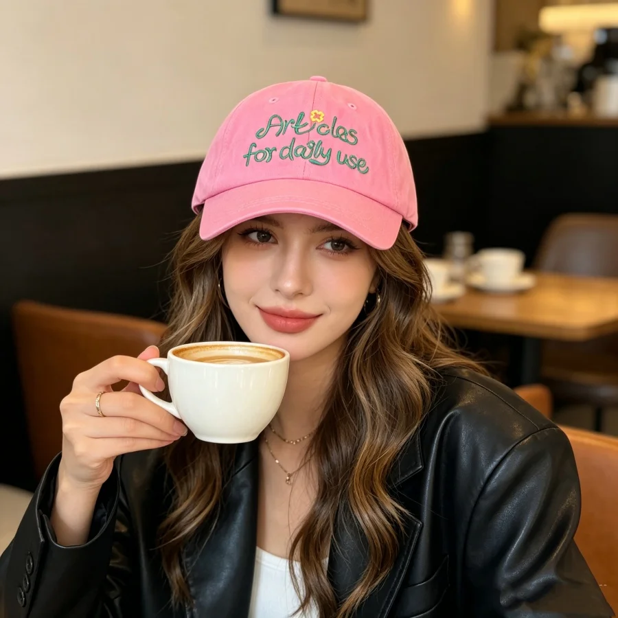 Sweet and Cool Style Letter-Embroidered Baseball Cap, Soft-Top Washed Cotton Material, Pink for a Fresh Look, Black for a Versatile Look, Suitable for Different Styles of Wear, Can Be Worn for Everyday Shopping, Walking, or Going Out Without Makeup.