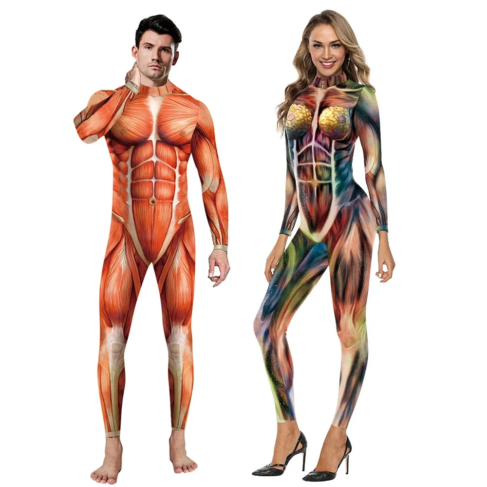 Combinaison d'impression de muscles humains réalistes pour hommes et femmes, parfaite pour la performance de fête d'Halloween et le cosplay effrayant