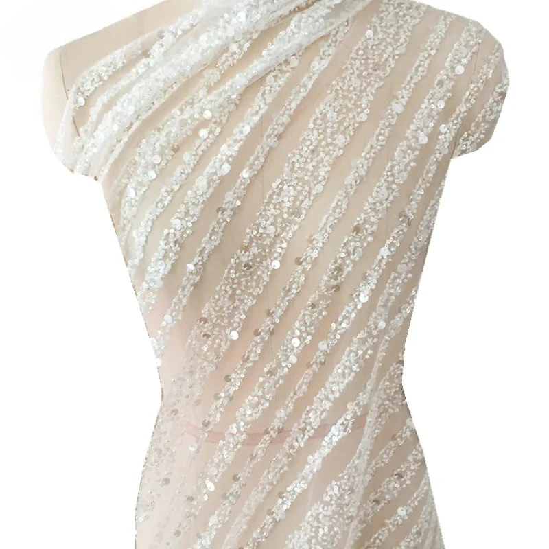 

High Quality New Bridal Lace Fabric Stripes, Luxury Beaded Sequin Wedding Dress, Advanced Custom-made Sewing Fabric Accessories