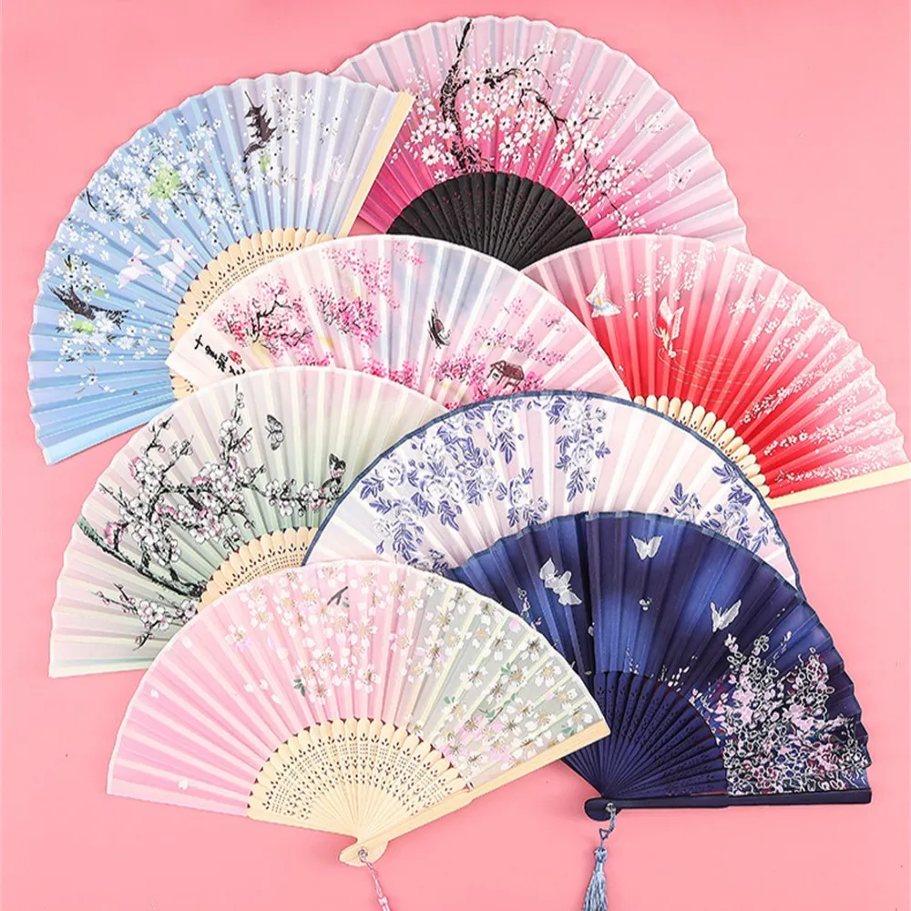 Vintage Silk Folding Hand Fan Chinese Japanese Bamboo Fans Craft Gifts Women Dance Performance Props Home Decoration JJ1625
