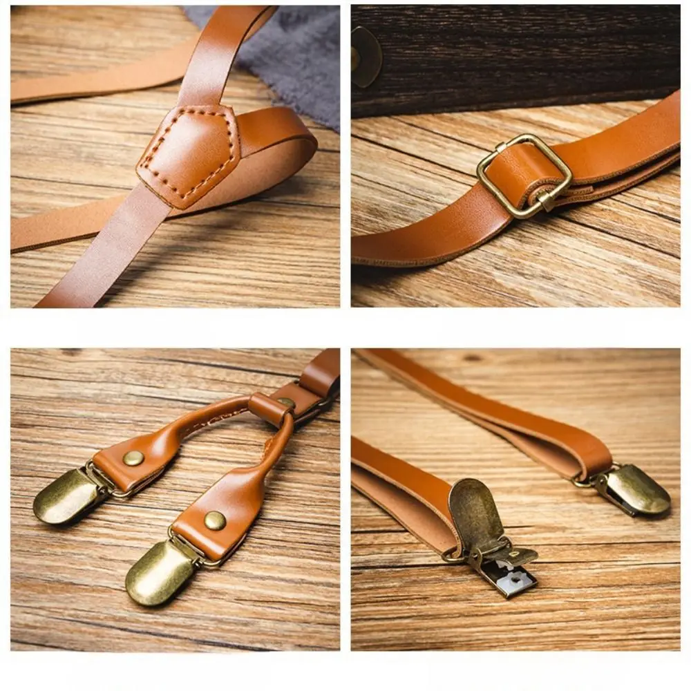 Suspender 1.5CM untuk pria, Suspender kulit gaya Inggris hitam klip logam Retro, klip Suspender bisnis modis