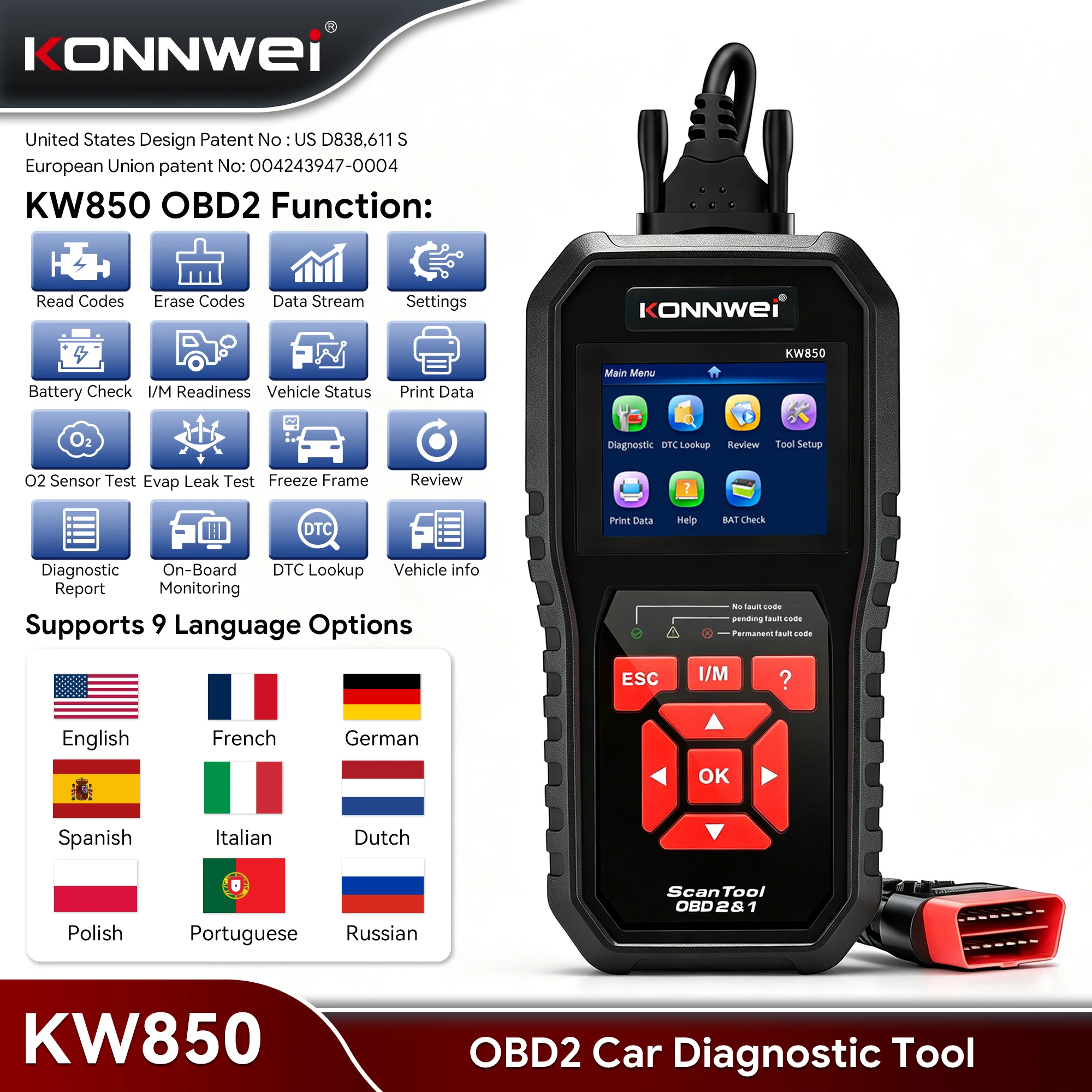 Автосканер KONNWEI KW850 OBD2 для диагностики двигателя, сброса кодов неисправностей, проверки аккумулятора, отображения данных в реальном времени, полный диагностический сканер OBDII для автомобилей после 1996 года выпуска
