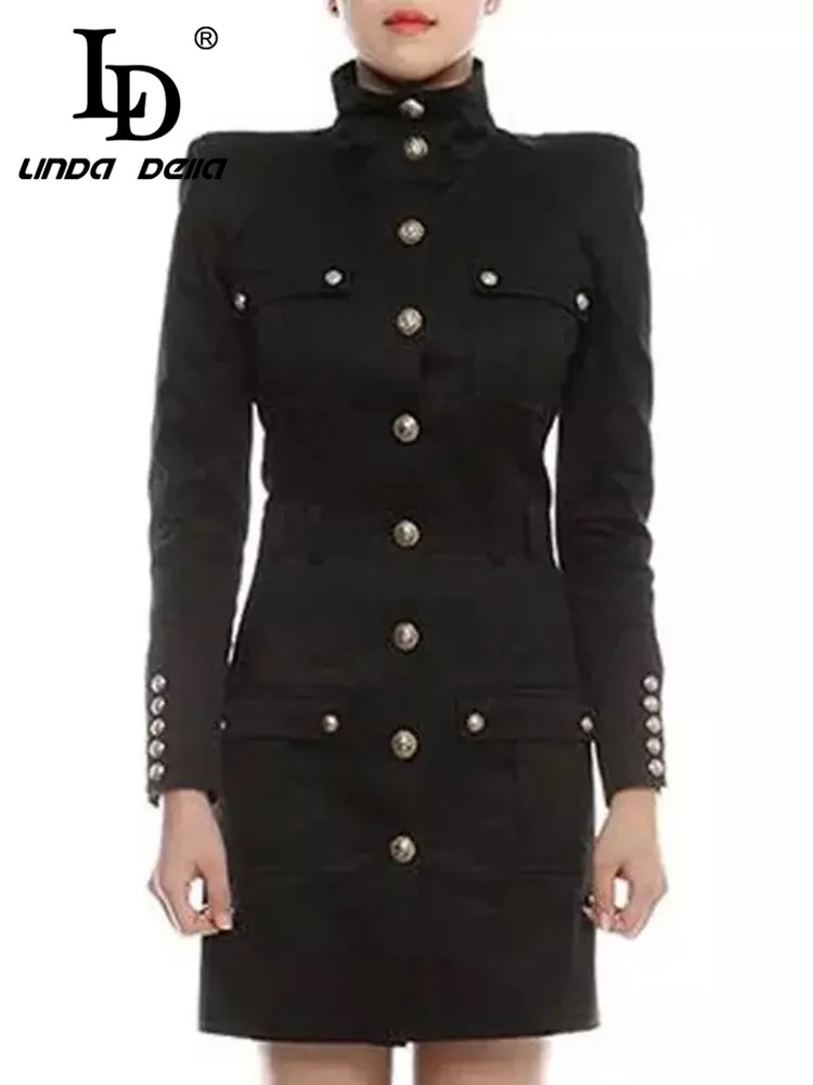 

LD LINDA DELLA 2024 Autumn and winter Italian Luxury Coat Women's Black Choker Single-breasted multi-pocket Slim Fit Short Coat