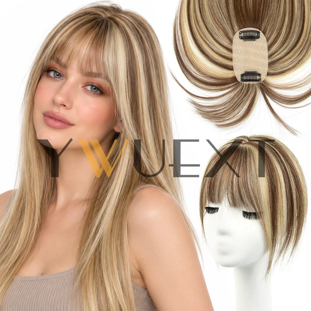 Real Human Hair Topper Suitable for Thinning Hair & Hair Loss Solutions - Natural Straight Brown & Honey Blonde Balayage Hairpiece with 2 Clips Breathable Base, Center Part & Thinning Bangs for, Hairpiece for