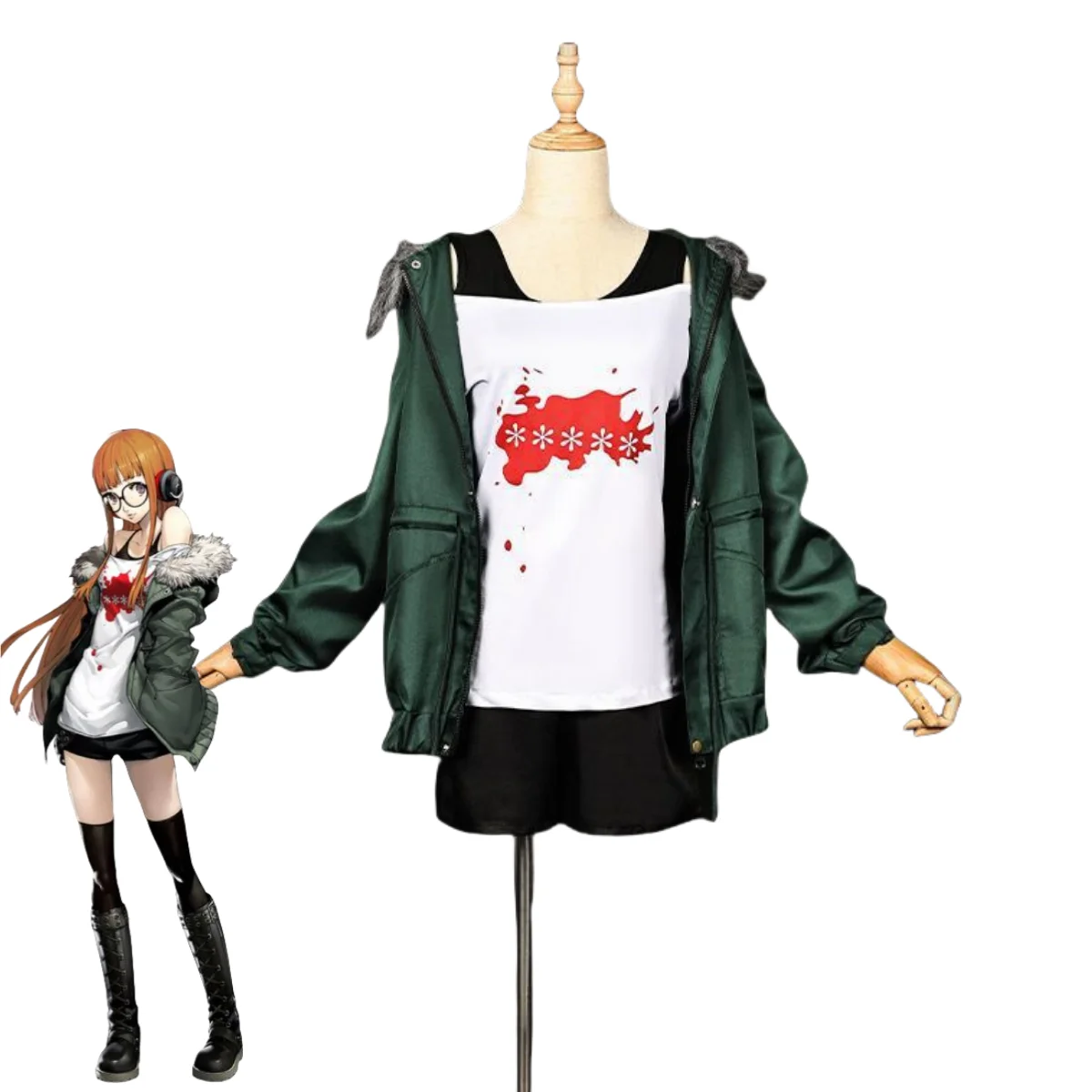 Anime Game Persona 5 Futaba Sakura Cosplay Costume P5 NAVI Green Coat Uniform Glasses Wig Woman Sexy Carnival Halloween Suit