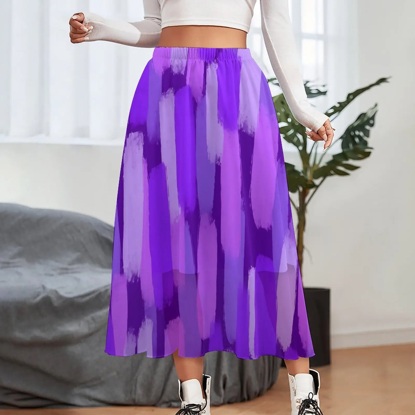 Purple Paint Brush Skirt Ladies Abstract Art Modern Long Skirts Print Elastic Waist Street Wear A-line Skirt Large Size