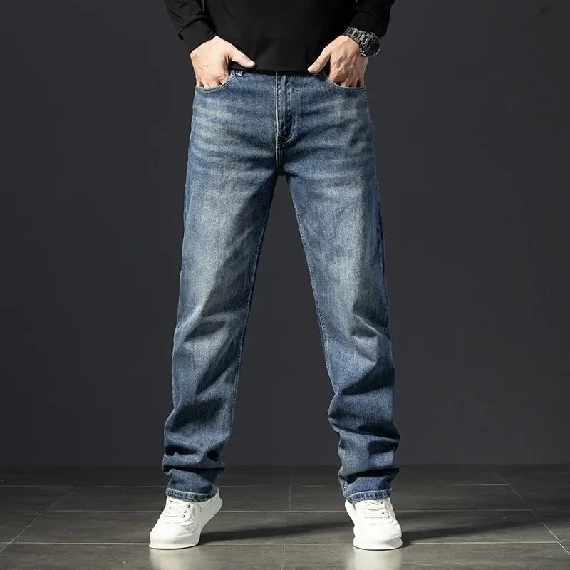 Straight Jeans Tall Guys Students Casual Plus Size 40 Loose Stretched Classic Extra Long Pants Overlong Lengthen Denim Trousers