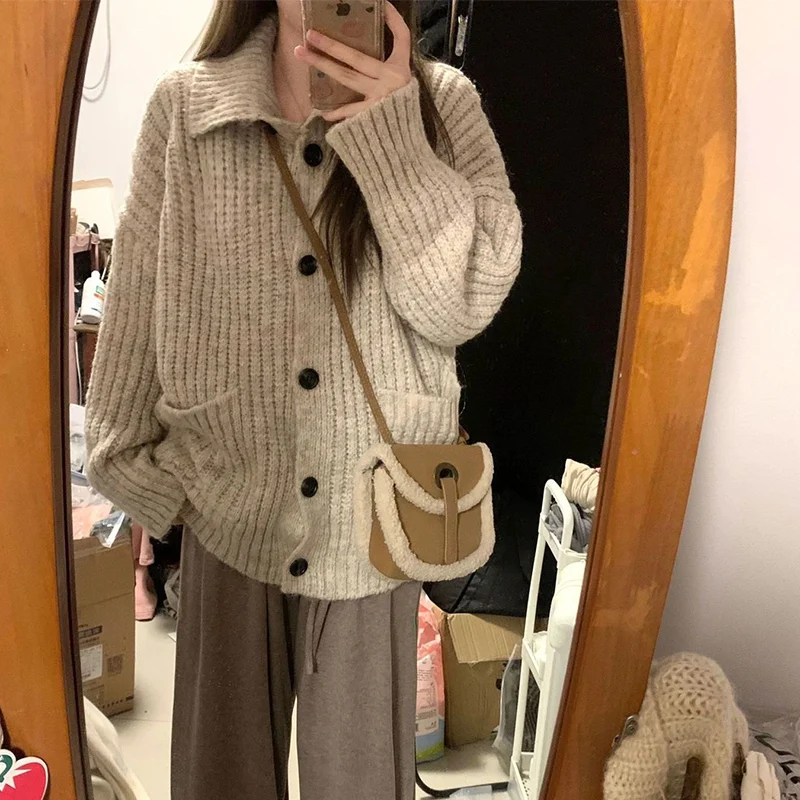 

2025 Harajuku Button Cardigan Women Y2K Vintage All Match Turn Down Collar Sweater Jacket Japanese Big Pocket Casual Knitwear