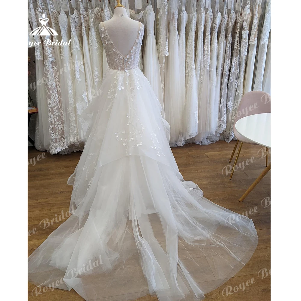 Roycebridal Rüschen Prinzessin Brautkleider 2024 v Hals Luxus Spitze Braut Brautkleider vestido de novia corte sirena