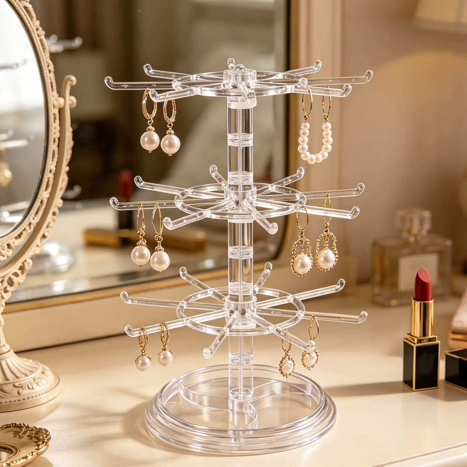 

3 Tier Rotating Jewelry Display Stand Matte Metal Frame Necklace Holder Bracelet Earring Organizer Desktop Non Slip Silicone