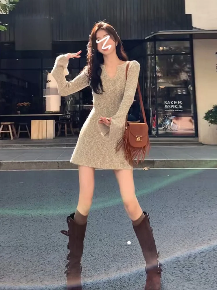 Spicy Girl Khaki Knitted Dress Women's Autumn Winter New Slim Base Layer Matching Coat Inner Short Skirt Wrap around Body