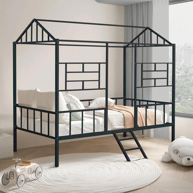 

Contemporary Twin Bunk Bed with Full Metal Frame and Slanted Ladder, Black Finish