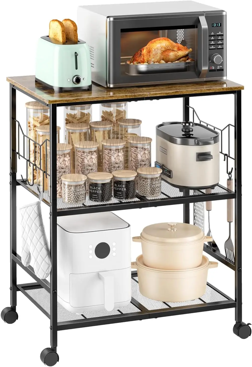 

Rolling Kitchen Microwave Cart with Wheels, 3 Tier Microwave Storage Cart with Adjustable Shelves, Coffee Table, Utility