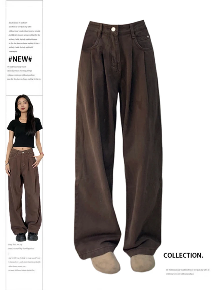 

Women's Coffee Jeans Vintage Korean Baggy High Waist Cowboy Pants Harajuku Wide Denim Trousers 90s Aesthetic Y2k 2000s Clothes