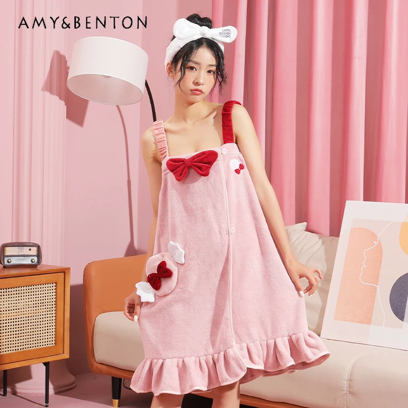 

2025 New Wearable Bath Towel for Home Use Water-Absorbent Quick-Drying Bathrobe Women' S Cute Cartoon Strap Bath Dress