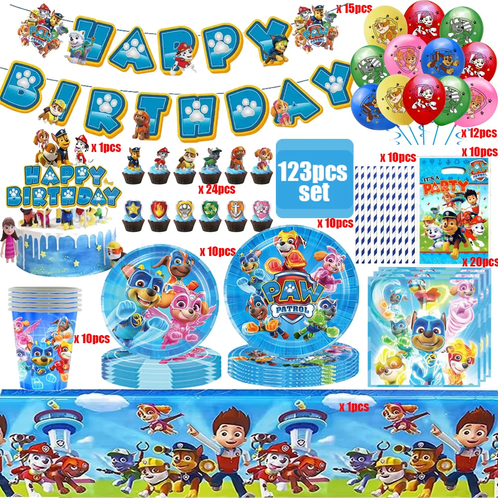 123PCS Paw Patrol Kit Birthday Decor Disposable Tableware Set Balloons Plate Tablecloth Baby Shower Dog Skye Gift Party Supplies