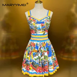 MARYYIMEI Summer Beach Vacation Women's Suit Spaghetti Strap Backless Tops+Pleated Skirt Print Cotton 2 Piece Set