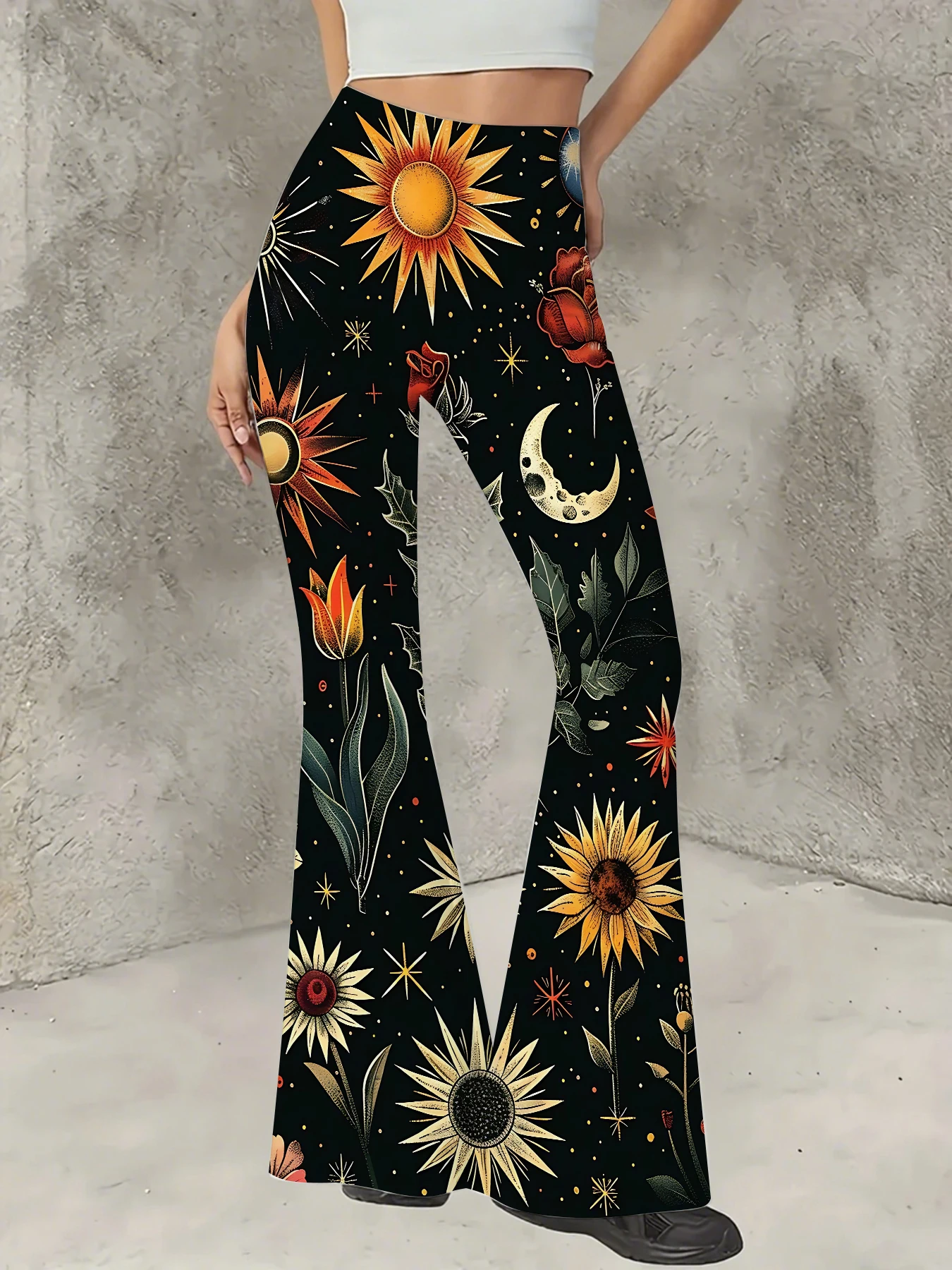 

Plus Size All-Over Print Flare Pants Women Stretchy High Waist Bell Bottom