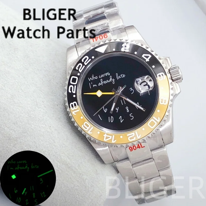 

BLIGER 40 мм желтые часы GMT для мужчин NH34A механические наручные часы черный желтый керамический безель сапфировое стекло Lume 100 м водонепроницаемые
